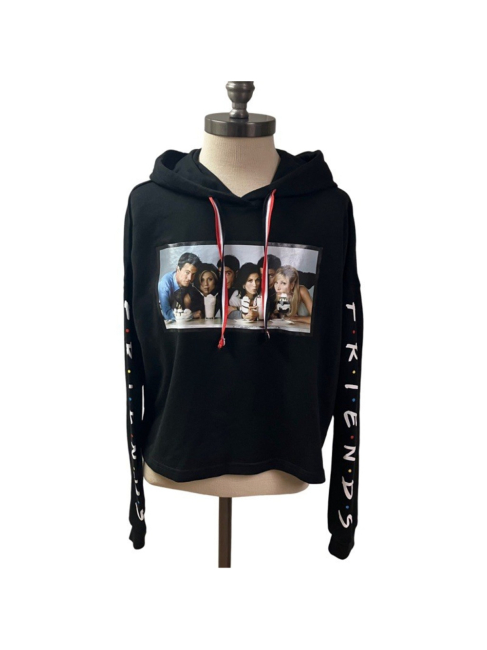 Y2k 90s Friends TV Series Cropped Graphic Hoodie Size SMALL Black Streetwear NEW